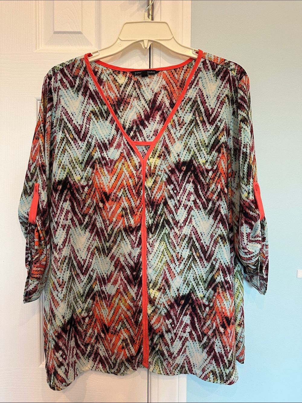 Siena Studio Multicolor Chevron Print Blouse with Coral Trim